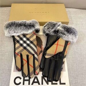 Burberry Black Leather & Beige Nova Check Gloves with Gray Fur Trim